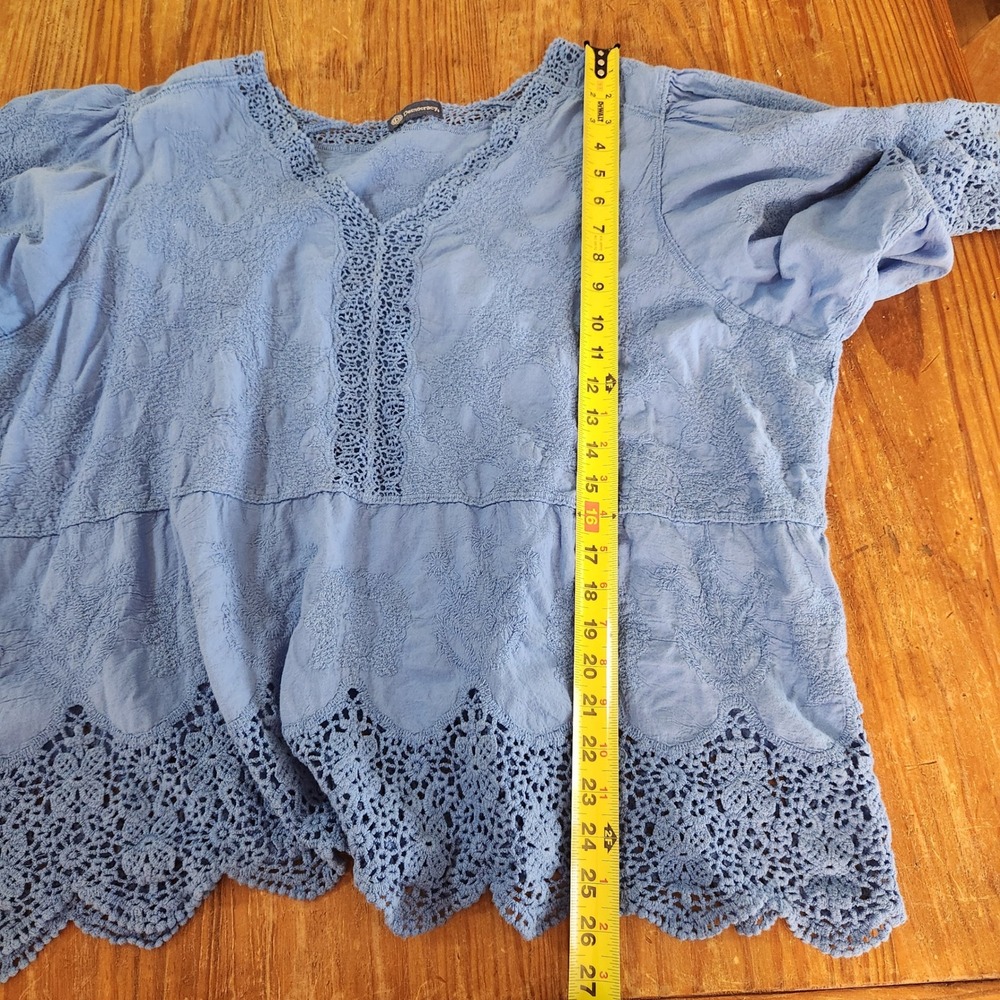 Democracy Women's 100% Cotton Plus Size 3X Crochet V-Neck Short Sleeve Top Blue - Picture 6 of 12